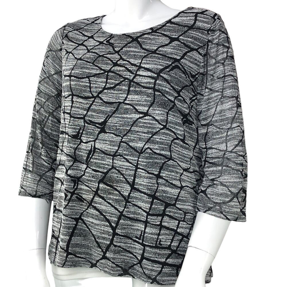 Chicos Easywear Womens Size 3 US 16 Top Grey Crackle Blouse 3/4 Sleeve Lined